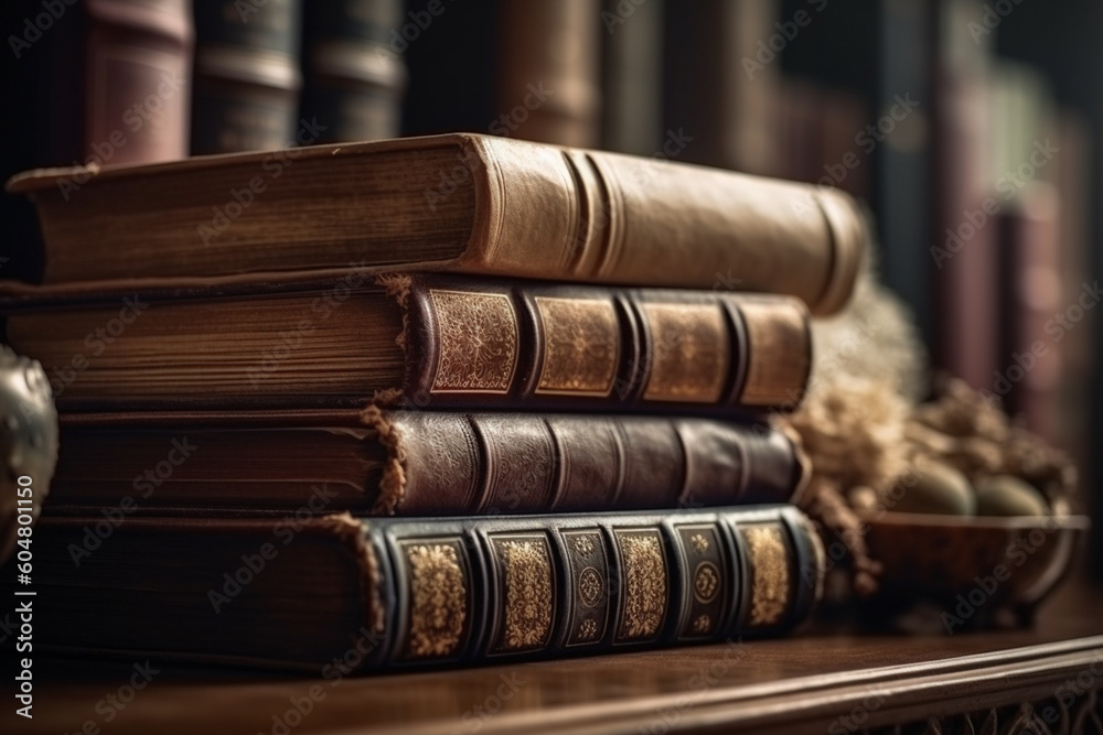 Banner or header image with stack of antique leather books in library. literature or reading concept. - ai . Banner or header image with stack of antique leather books in library. literature or reading concept. - ai .