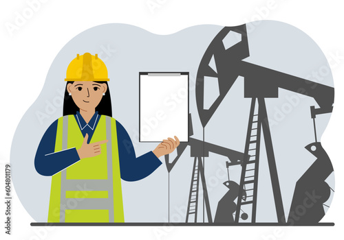 A female refinery engineer worker uses a tableted oil pumping unit. Energy industrial zone, oil drilling.