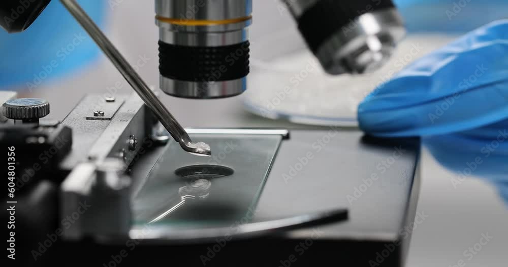 Scientist examines sugar crystals under electron microscope. Professional chemical research of crystalline substance