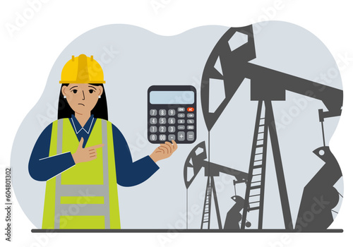 A female refinery engineer worker uses a tableted oil pumping unit. Energy industrial zone, oil drilling.
