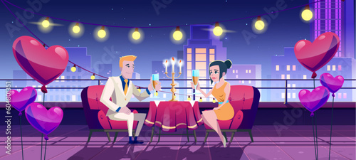 Romantic dinner date at night on city roof terrace cartoon illustration. Couple dining on balcony table with celebration and balloon decoration for marriage proposal or anniversary celebration