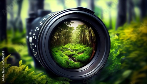 Camera lens with nature reflection on natural park background. Generative AI illustration