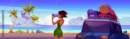 Girl take photo on beach road near car in summer vacation. Sea coastal trip holiday adventure cartoon background illustration. Woman character in beautiful bay shore with luggage on vehicle roof