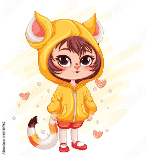 Little Cat Girl Hybrid in Fantasy Cartoon Style