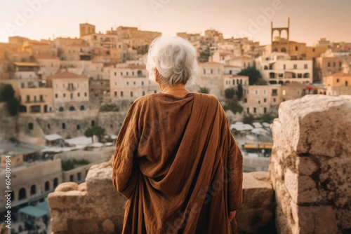 Greek old woman ancient city. Generate Ai