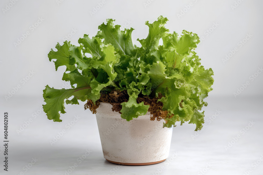 Leaf Lettuce Growing In White Pot On White Background. Generative AI Leaf Lettuce Growing In White Pot On White Background. Generative AI