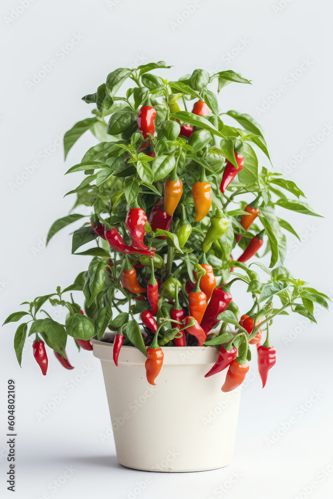 Hot Peppers Growing In White Pot On White Background. Generative AI Hot Peppers Growing In White Pot On White Background. Generative AI