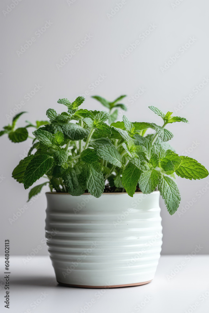 Mint Growing In White Pot On White Background. Generative AI Mint Growing In White Pot On White Background. Generative AI