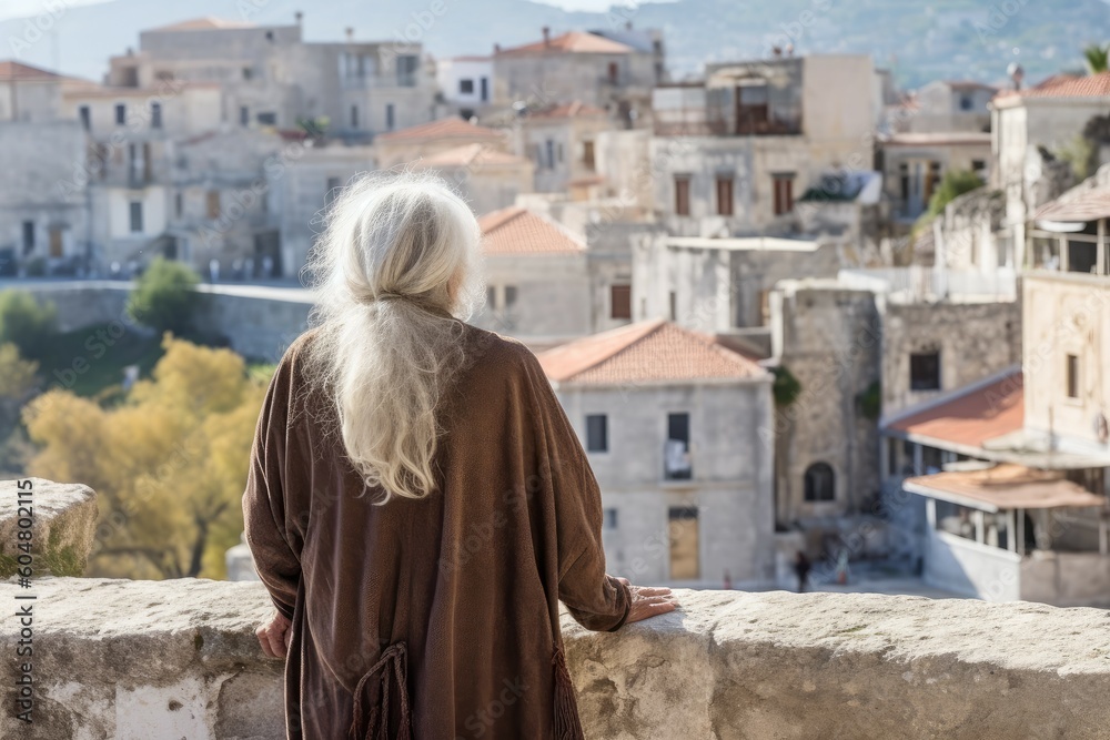 Old woman ancient greek city. Generate Ai