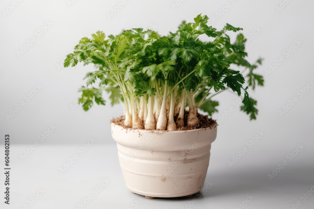Naklejka premium Parsley Root Growing In White Pot On White Background. Generative AI