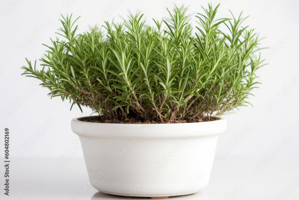 Rosemary Growing In White Pot On White Background. Generative AI Rosemary Growing In White Pot On White Background. Generative AI
