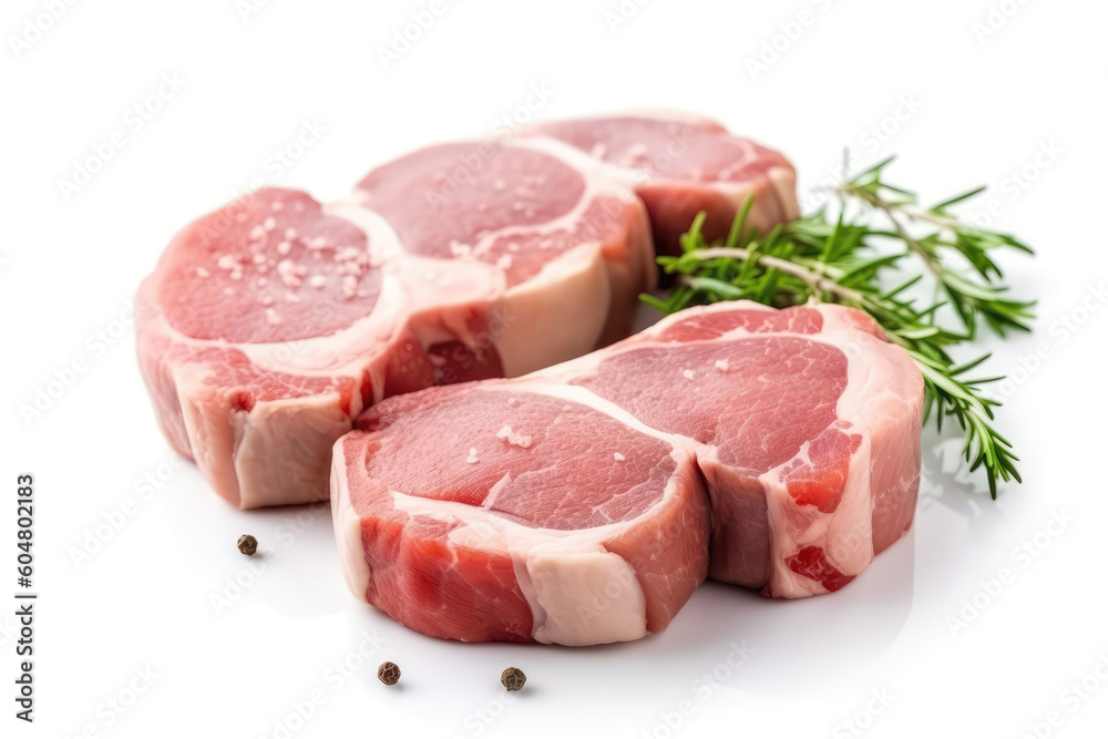 Pork Chops Raw On White Background. Generative AI