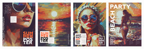 Summer, sunset on the beach in the sea. Vector illustration in the style of modern polygonal art of a female portrait in glasses, a beautiful girl standing on the beach by the sea and watching the sun