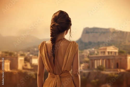 Cute woman ancient greek city. Generate Ai