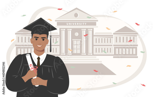 Happy graduate student man with a diploma, wearing a robe and a square academic cap the backdrop of the university. Vector illustration. 