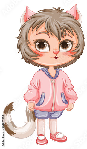 Little Cat Girl Hybrid in Fantasy Cartoon Style