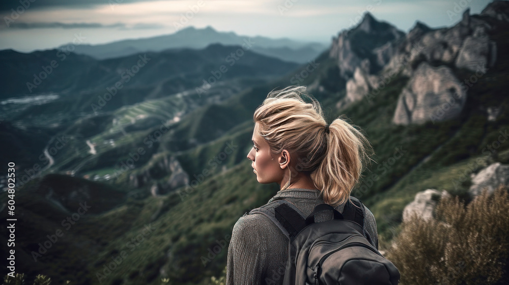 woman with backpack on the mountain watching the landscape, vacation concept, generative ai woman with backpack on the mountain watching the landscape, vacation concept, generative ai