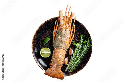 Gourmet dinner with Spiny lobster or sea crayfish on a plate. Isolated, transparent background.