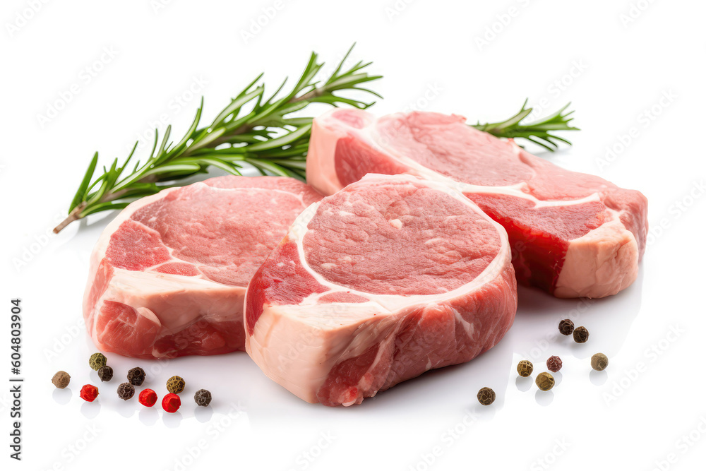 Veal Cutlets Raw On White Background. Generative AI Veal Cutlets Raw On White Background. Generative AI