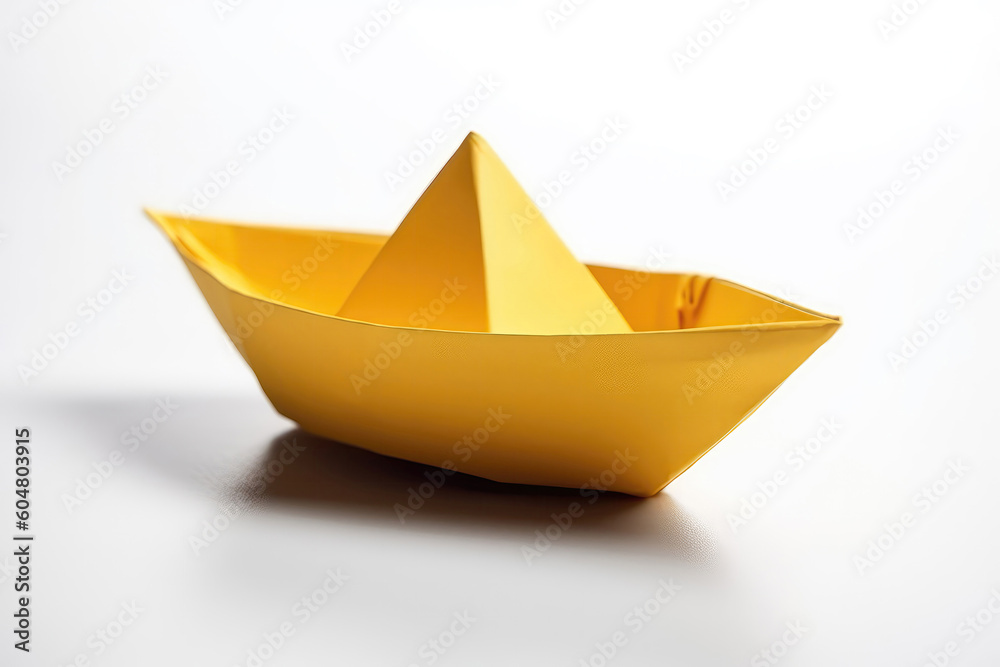 Yellow Paper Boat On White Background. Generative AI Yellow Paper Boat On White Background. Generative AI