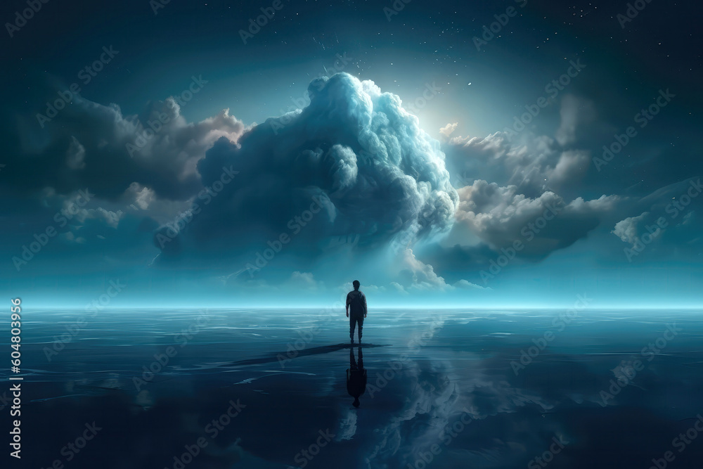 A Man Stands On The Water Against The Background Of The Sky And Space. Generative AI
