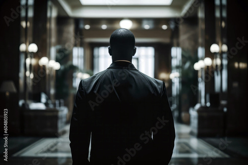Security Guard In Black Stands With His Back To An Unfocused Hotel Lobby. Generative AI