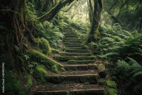 Stairs Winding Through Dense Forest  Representing Path To Selfdiscovery. Generative AI