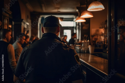 The Guard Stands With His Back To The Unfocused Bar With People. Generative AI