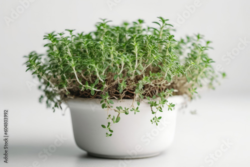 Thyme Growing In White Pot On White Background. Generative AI