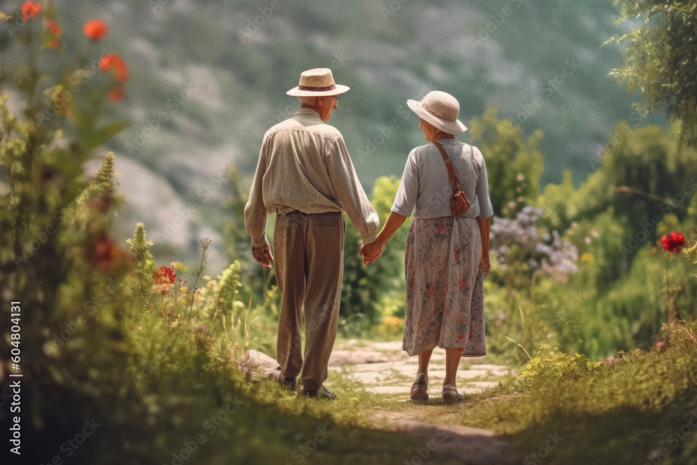 elderly happy couple holding hands walking in nature. Generative AI