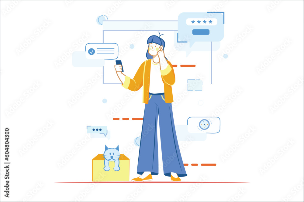 Concept Mobile organizer with people scene in the flat cartoon design. The girl plans her day with the help of a mobile organizer. Vector illustration. Concept Mobile organizer with people scene in the flat cartoon design. The girl plans her day with the help of a mobile organizer. Vector illustration.