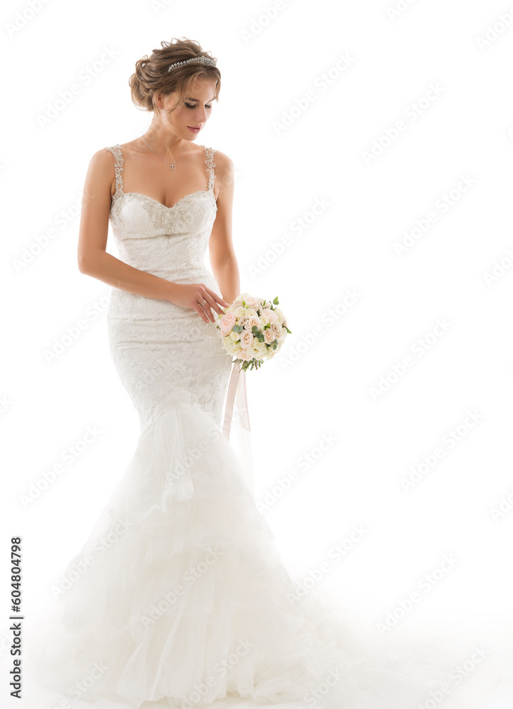 Bride in Wedding White Dress with Flower Bouquet. Beautiful Woman in Bridal long Mermaid Gown with Hairstyle and Perfect Makeup over isolated background Bride in Wedding White Dress with Flower Bouquet. Beautiful Woman in Bridal long Mermaid Gown with Hairstyle and Perfect Makeup over isolated background