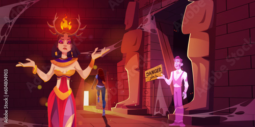 Dark abandoned egypt temple and danger goddess with fire and horns. Ancient egyptian vector game background with running girl and man ghost. Stone pyramid dungeon with tourist exit to sunlight