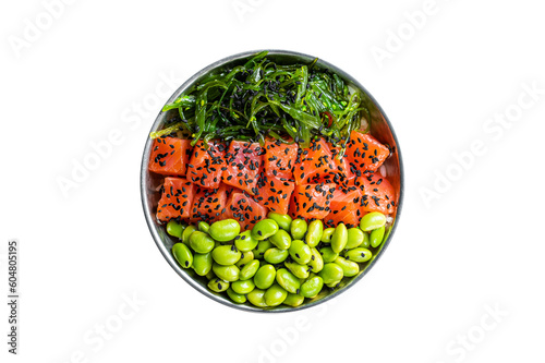 Salmon poke bowl with fresh fish, rice, seaweed, edamame, black sesame. Isolated, transparent background.
