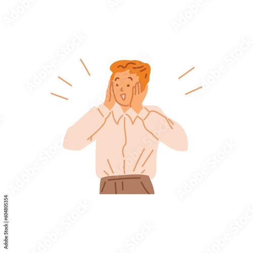 Happily surprised man, flat vector illustration isolated on white background.