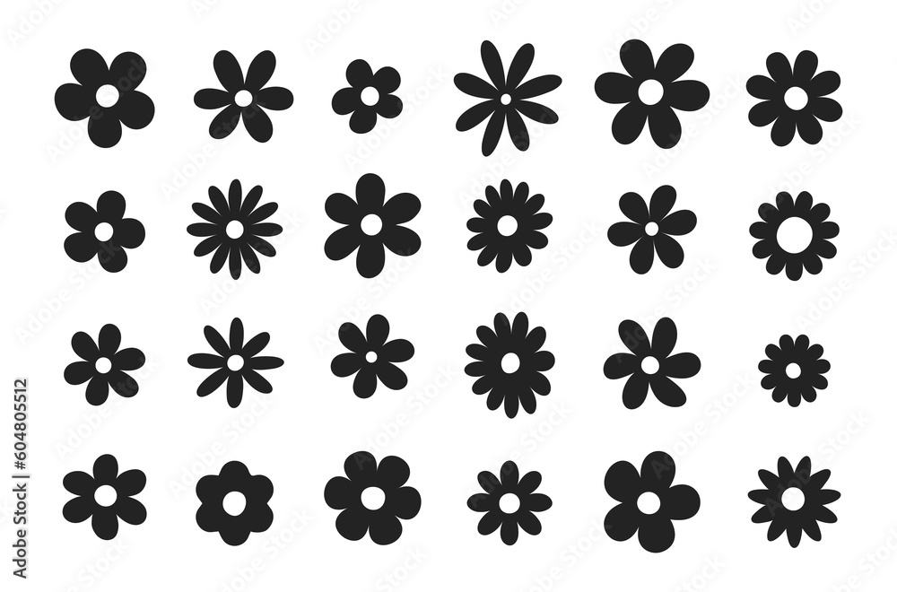 Groovy daisy flowers set. Flat black icons. Simple flower silhouette. Retro vintage style, hand drawn decorative elements.