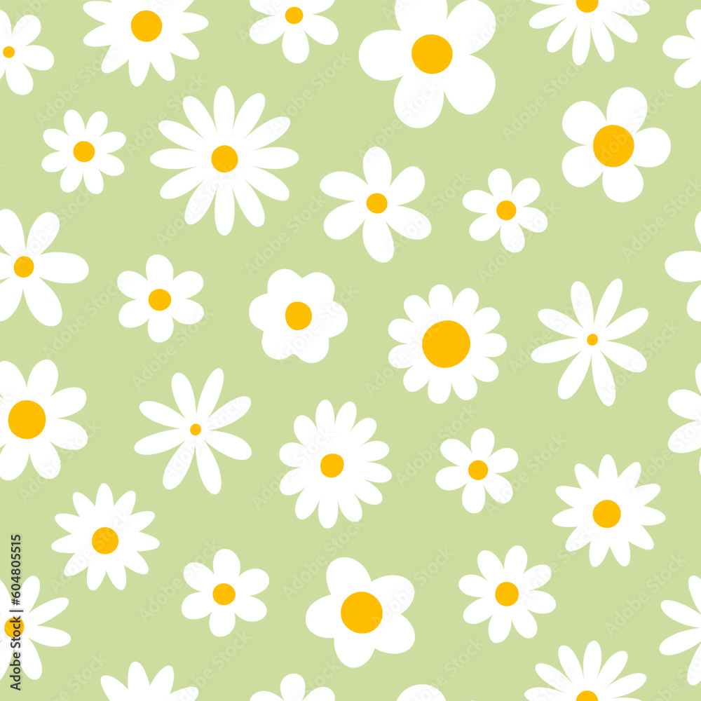 Trendy floral seamless pattern.  Vintage 70s style hippie groovy flowers background. Colorful pastel colors. Vector y2k nature backdrop with daisy flowers.