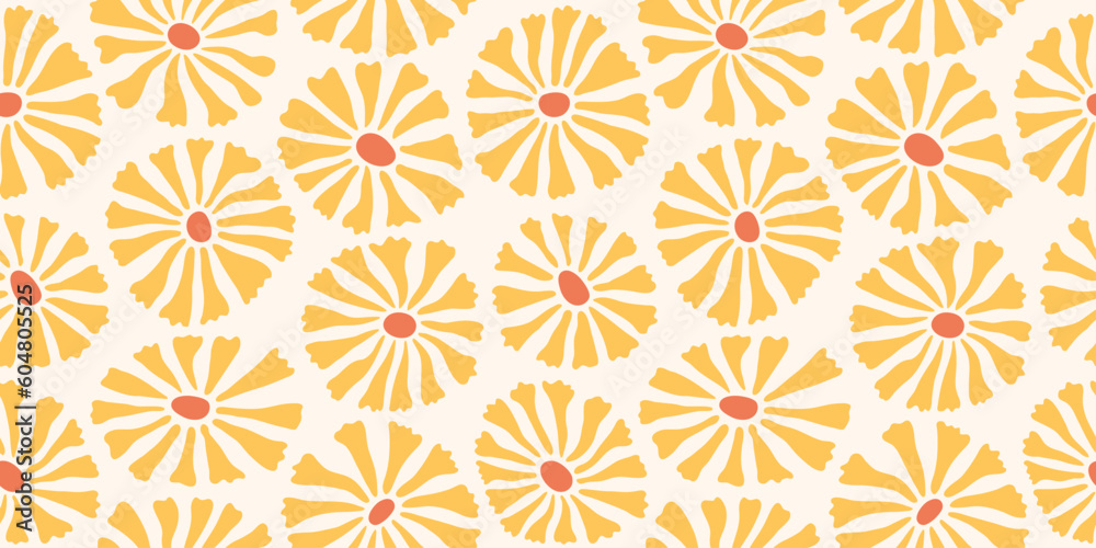 Groovy daisy flower seamless pattern. Vintage hand drawn floral background. Summer abstract floral textile print. Pastel trendy ornament in 70s style.