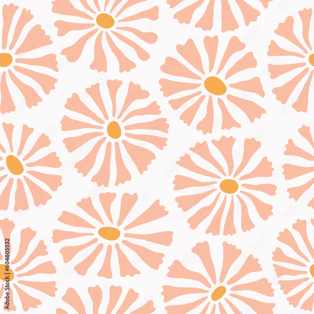 Groovy daisy flower seamless pattern. Vintage hand drawn floral background. Summer abstract floral textile print. Pastel trendy ornament in 70s style.