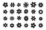 Groovy daisy flowers set. Flat black icons. Simple flower silhouette. Retro vintage style, hand drawn decorative elements.