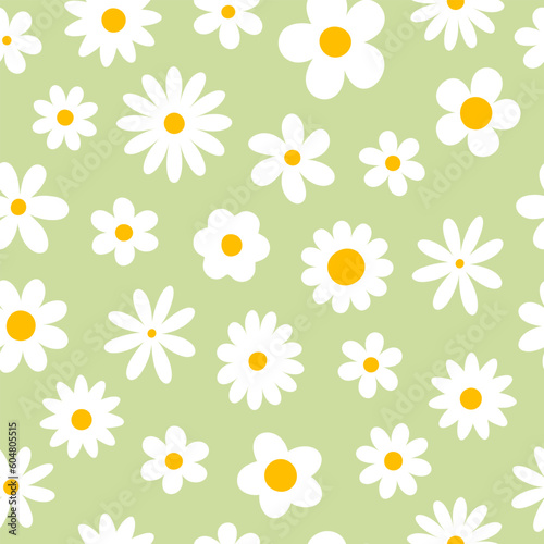 Trendy floral seamless pattern.  Vintage 70s style hippie groovy flowers background. Colorful pastel colors. Vector y2k nature backdrop with daisy flowers.