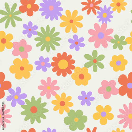 Trendy floral seamless pattern. Vintage 70s style hippie groovy flowers background. Colorful bright colors. Vector y2k nature backdrop with daisy flowers.