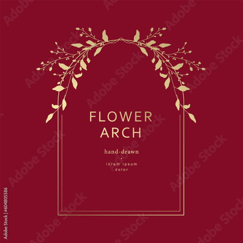 Arched frame with golden flowers and leaves on a red background. Vector template with floral silhouette. Botanical illustration for label, wedding invitation, save the date, design, logo, monogram