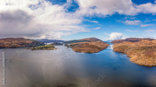 UK, Scotland, Aerial view of Loch Moidart with Eilean Shona island in center
