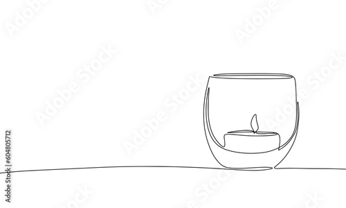 Candle in glass. One line continuous candle. Line art, outline, single line silhouette. Hand drawn vector illustration. 