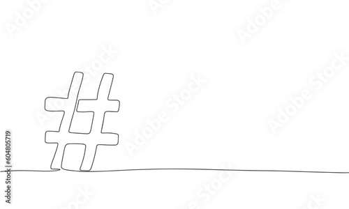Hashtag symbol. One line continuous Hashtag. Line art, outline, single line silhouette. Hand drawn vector illustration. 