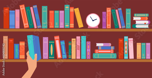 Bookshelf concept illustration. Hand taking book off shelf.