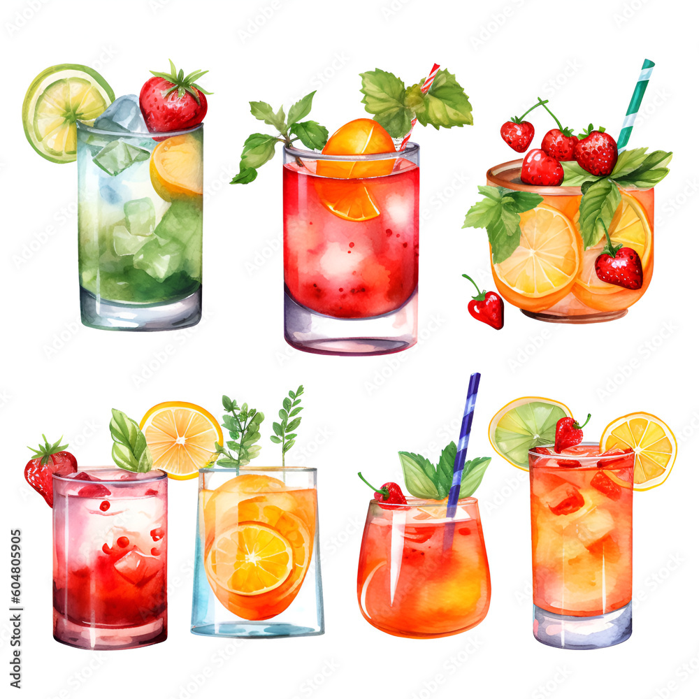 cool summer drinks watercolor art, 7 variations. AI generated cool summer drinks watercolor art, 7 variations. AI generated