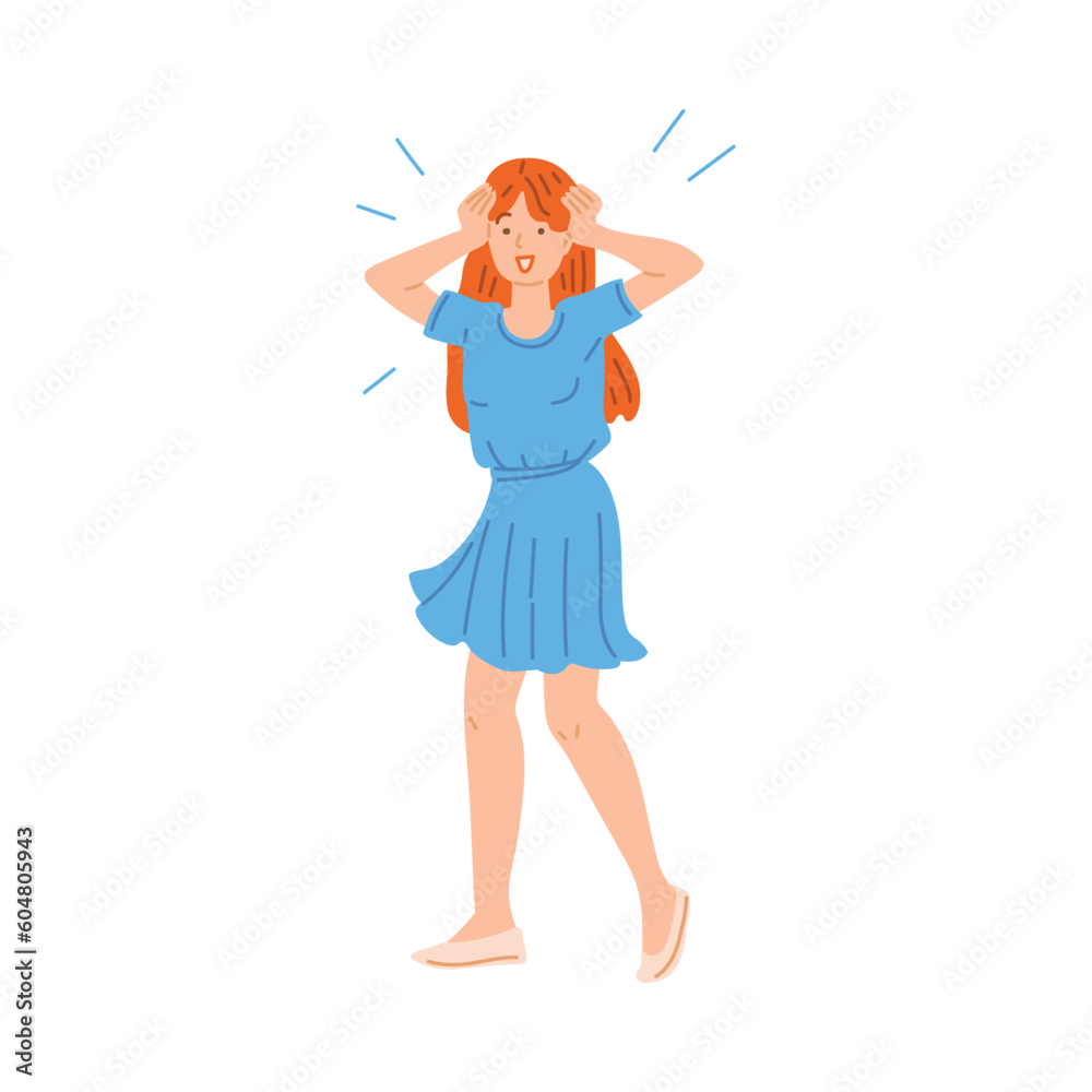 Surprised woman holds hands on head, flat vector illustration isolated on white background.