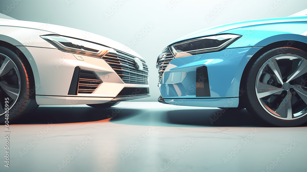 Two modern cars on light gray background. Generative AI